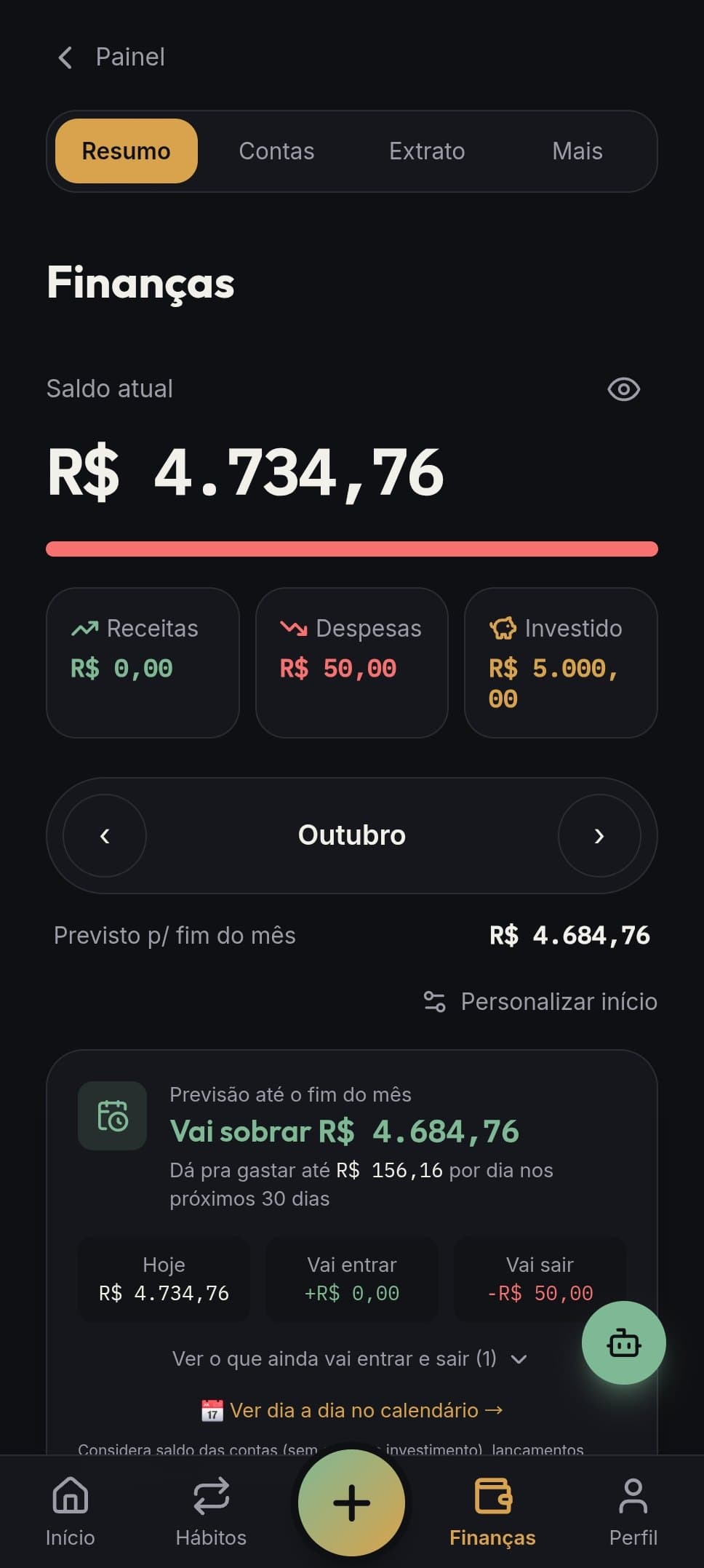 Previsão de quanto vai sobrar no fim do mês