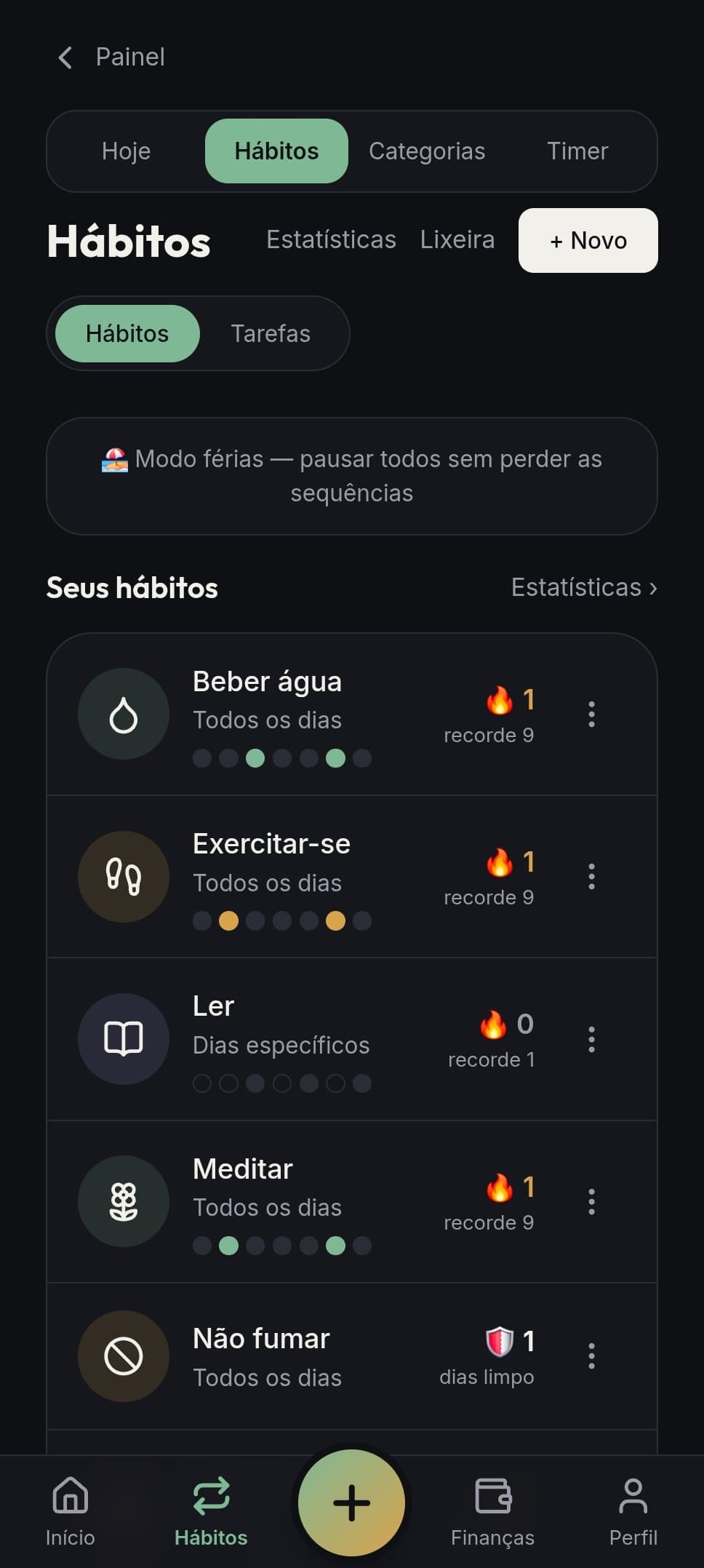 Lista de hábitos com sequência atual e recorde