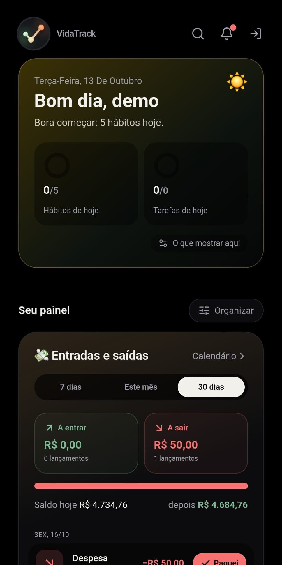Início com o dia e as entradas e saídas de dinheiro