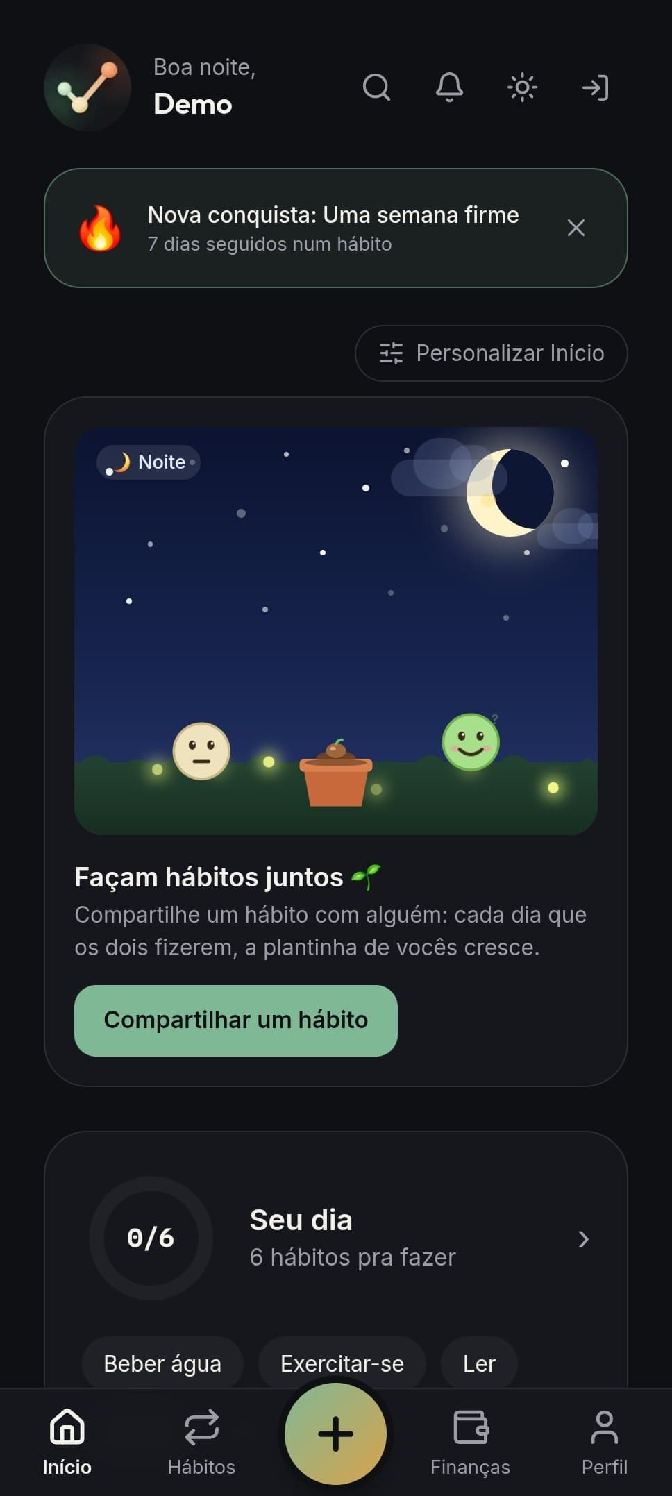 Tela inicial no tema escuro